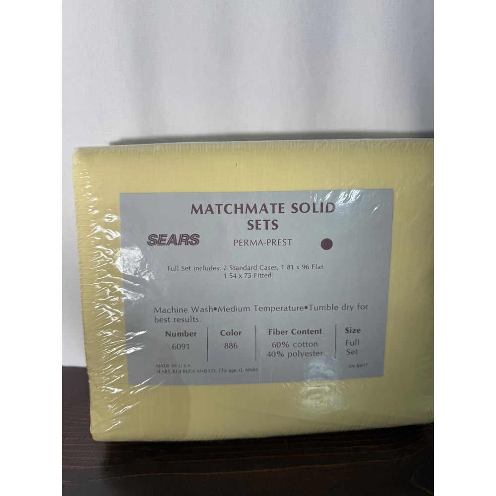 Vintage Sears Matchmate Full Sheet Set Yellow Perma-Prest Made in USA 6091 886